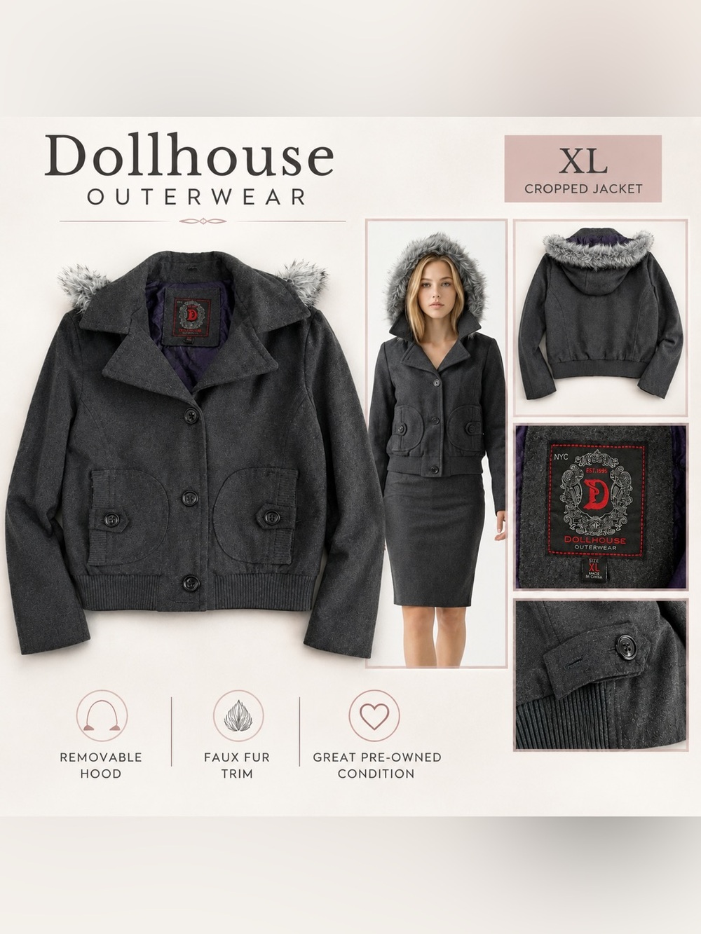 Dollhouse Outerwear Grey Cropped Hooded Jacket XL Faux Fur Trim